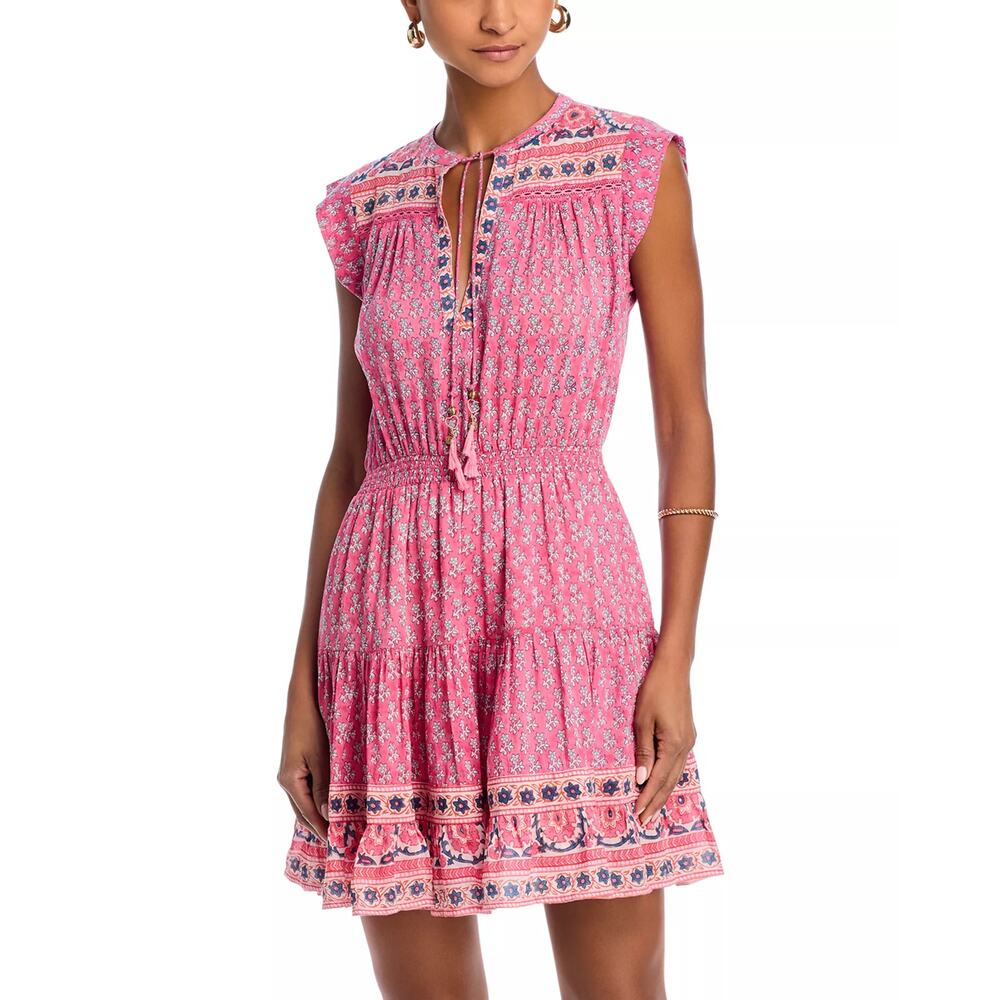 BELL Pink Printed Tie-Neck Smocked Mini Dress